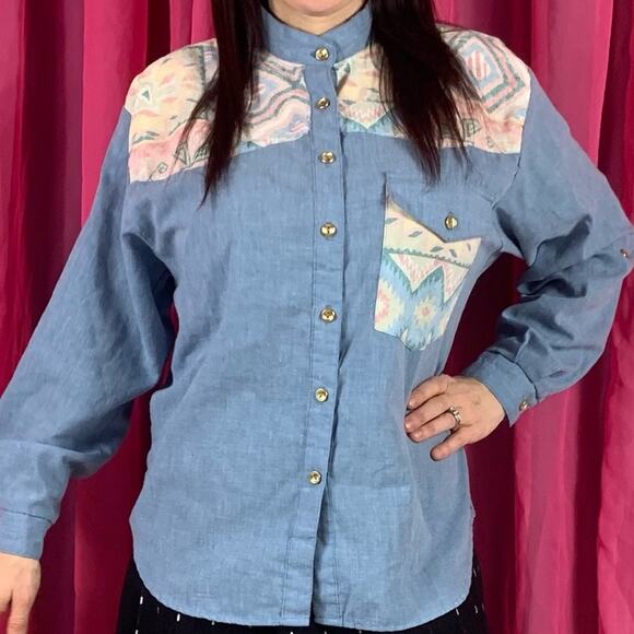 Vintage Tap & Co western southwest patterned denim button down shirt, med - Picture 1 of 13